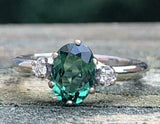 2.1ct Engagement Ring Oval Cut Green Emerald Three Stone 14k White Gold Finish