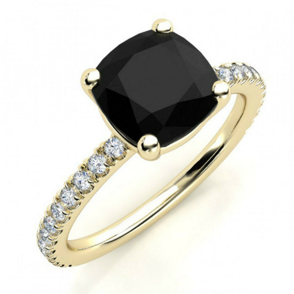 1.2ct Cushion Cut Black Diamond Solitaire Engagement Ring 14k Yellow Gold Finish