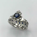 2ct Heart Blue Sapphire Engagement Ring Claddagh Bridal Set 14k White Gold Over