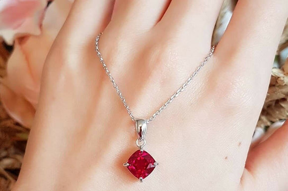 2ct Cushion Cut Pink Ruby Pendant with Chain Solitaire 14k White Gold Finish