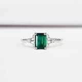 1ct Green Emerald Cut Solitaire Baguette Accents Ring 14k White Gold Finish