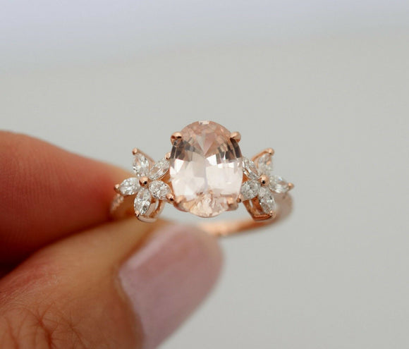 2ct Oval Cut Peach Morganite Floral Side Engagement Ring 14k Rose Gold Finish