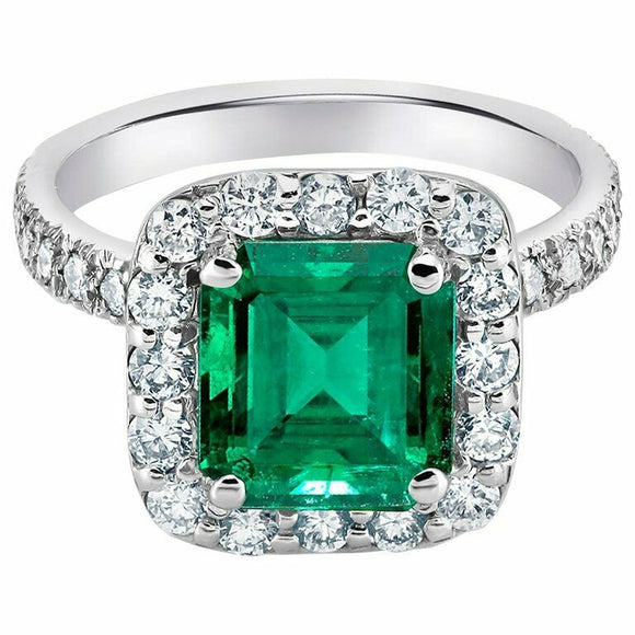 1.9ct Green Emerald Cut Engagement Ring Halo Solitaire 14k White Gold Finish