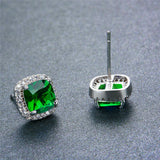 2ct Cushion Cut Green Emerald Halo Solitaire Stud Earrings 14k White Gold Finish