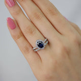 1.2ct Oval Cut Blue Sapphire Bridal Set Engagement Ring 14k White Gold Finish