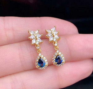 2.1ct Drop Earrings Pear Cut Blue Sapphire Halo Cluster 14k Yellow Gold Finish