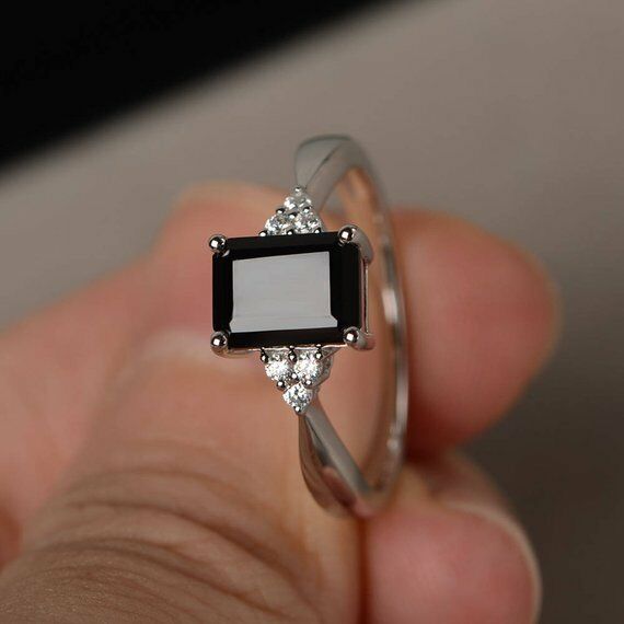 0.9ct Emerald Cut Black Diamond Engagement Ring 14k White Gold Finish Solitaire