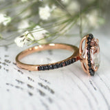 3Ct Oval Peach Morganite Black Diamond Halo Engagement Ring 14K Rose Gold Finish