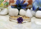 1.2ct Round Cut Purple Amethyst Solitaire with Accent Ring 14k YellowGold Finish