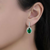 2.5ct Oval Green Emerald Diamond Halo Drop Dangle Earrings 14k White Gold Finish