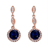 3ct Round Cut Blue Sapphire Halo Milgrain Drop Earrings 14k Rose Gold Finish