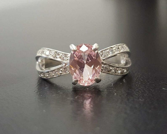 1.6ct Engagement Ring Oval Cut Peach Morganite Split Shank 14k White Gold Finish