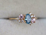 1.8ct Engagement Ring Oval Cut Blue Aquamarine Cluster 14k Yellow Gold Finish