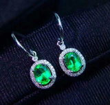 2.3ct Drop Earrings Oval Cut Green Emerald Diamond Halo 14k Yellow Gold Finish