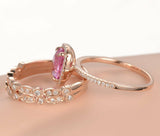 3ct Oval Cut Pink Sapphire Milgrain Trio Set Engagement Ring 14k RoseGold Finish