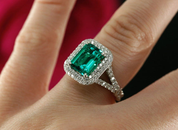 2.3ct Green Emerald Split Band Halo Women Engagement Ring 14k White Gold Finish