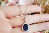 3ct Oval Cut Blue Sapphire Pendant with Chain Halo Cluster 14k White Gold Finish