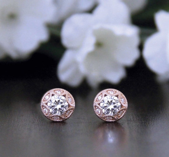 Art Deco Bridal Stud Earrings 0.5ct Round Cut VVS1 Diamond 14k Rose Gold Finish