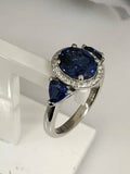 2ct Oval Cut Blue Sapphire 3 Stone Halo Engagement Ring 14k White Gold Finish