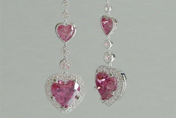 2ct Heart Cut Pink Sapphire Diamond Halo Drop Earrings 14k White Gold Finish