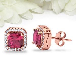 1ct Princess Cut Pink Ruby Halo Diamond Stud Earrings 14k Rose Gold Finish