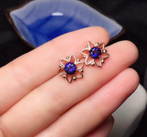 1ct Stud Earrings Round Cut Blue Sapphire Floral Star Design 14k RoseGold Finish