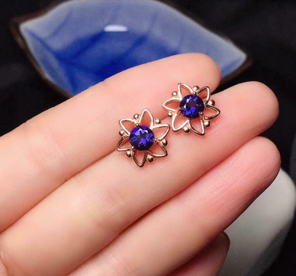 1ct Stud Earrings Round Cut Blue Sapphire Floral Star Design 14k RoseGold Finish