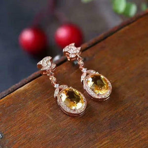 2.6ct Drop Earrings Oval Cut Yellow Citrine Floral Halo 14k Rose Gold Finish