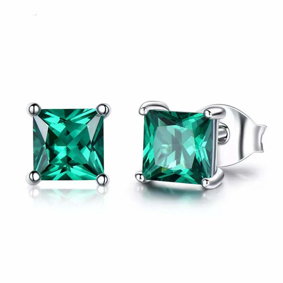 1.5ct Stud Earrings Princess Cut Green Emerald Solitaire 14k White Gold Finish