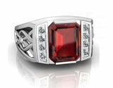 3ct Emerald Red Garnet Diamond Men Stylish Engagement Ring 14k White Gold Finish