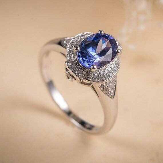 2.7ct Oval Cut Blue Tanzanite Engagement Ring 14k White Gold Finish Double Halo