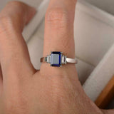 2ct Emerald Cut Blue Sapphire Baguette Accent Trilogy Ring 14k White Gold Finish