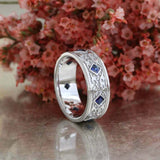 2ct Princess Cut Blue Sapphire Wedding Band Vintage Filigree 14k White Gold Over