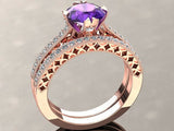 2ct Round Cut Purple Amethyst Milgrain Accent Bridal Set Ring 14k Rose Gold Over