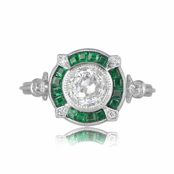 2.3ct Round Diamond Green Emerald Art Deco Engagement Ring 14k White Gold Finish