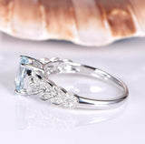 1.9ct Oval Cut Blue Aquamarine Leaf Design Engagement Ring 14k White Gold Finish