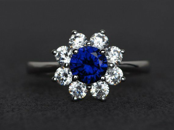 2.3ct Round Cut Blue Sapphire Engagement Ring 14k White Gold Finish Halo Floral