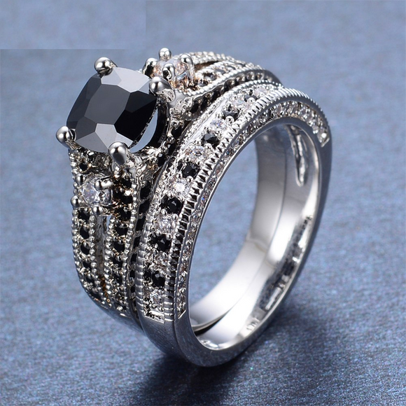 3ct Cushion Black Diamond Engagement Ring 14k White Gold Finish Split Bridal Set