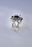 1ct Round Blue Sapphire Engagement Ring Flower Leaf Solitaire 14k WhiteGold Over