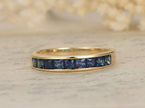 2.1ct Princess Blue Sapphire Channel Set Half Eternity Band 14k Yellow Gold Over