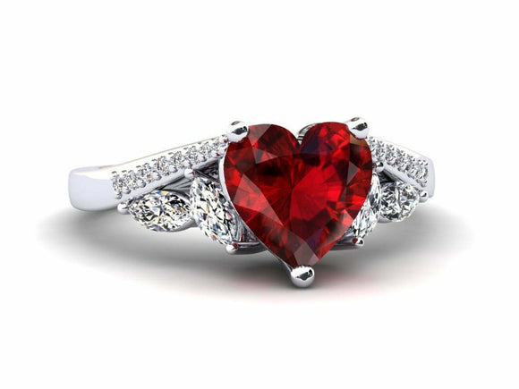 2ct Heart Red Ruby Engagement Ring Art Deco Diamond Accent 14k White Gold Finish