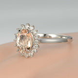 1ct Oval Cut Peach Morganite Flower Design Engagement Ring 14k White Gold Finish