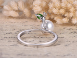 0.3ct Marquise Cut Green Emerald Pearl Leaf Design Ring 14k White Gold Finish