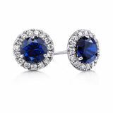 0.44ct Round Cut Blue Sapphire Diamond Halo Stud Earrings 14k White Gold Finish