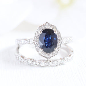 1.2ct Oval Cut Blue Sapphire Bridal Set Engagement Ring 14k White Gold Finish