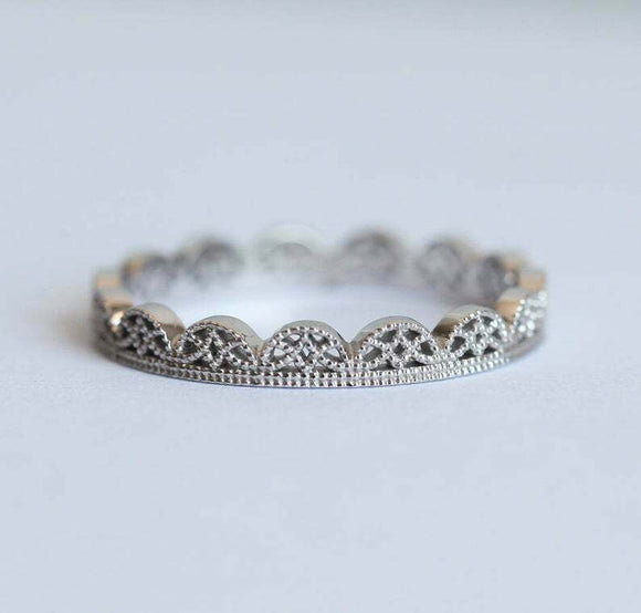 Filigree Vintage Milgrain Wedding Band Ring 14k White Gold Finish