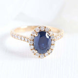 2ct Oval Cut Blue Sapphire Engagement Ring Round Accent Halo 14k YellowGold Over