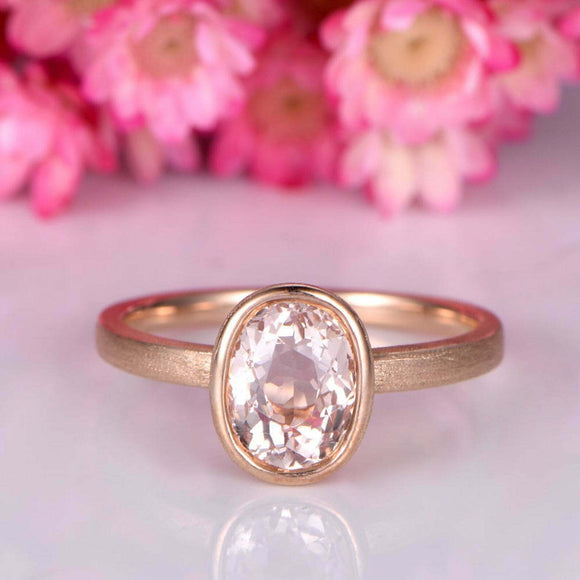 1.5ct Oval Cut Morganite Engagement Ring Bezel Set Solitaire 14k RoseGold Finish