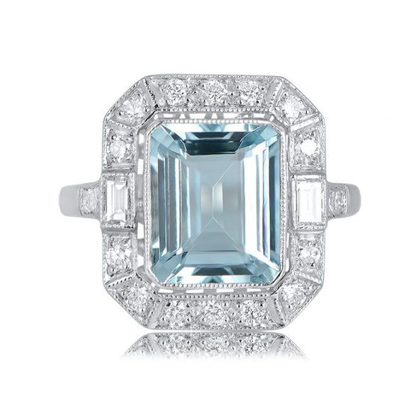 2.5ct Emerald Cut Blue Aquamarine Art Deco Engagement Ring 14k White Gold Finish