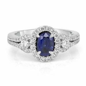 2.5ct Oval Blue Sapphire Engagement Ring Halo Gatsby Iced 14k White Gold Finish